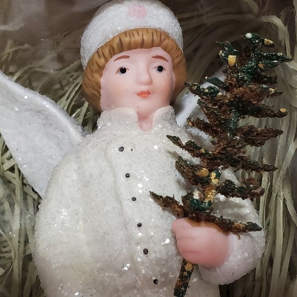 Victorian Glitter Winter Angels Porcelain Ornament Christmas decor boy 5.5" - Picture 7 of 12
